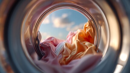 Colors blend beautifully as billowy fabrics tumble inside a washing machine, catching glimpses of a serene sky. Soft pastels and dynamic patterns create a lively visual symphony