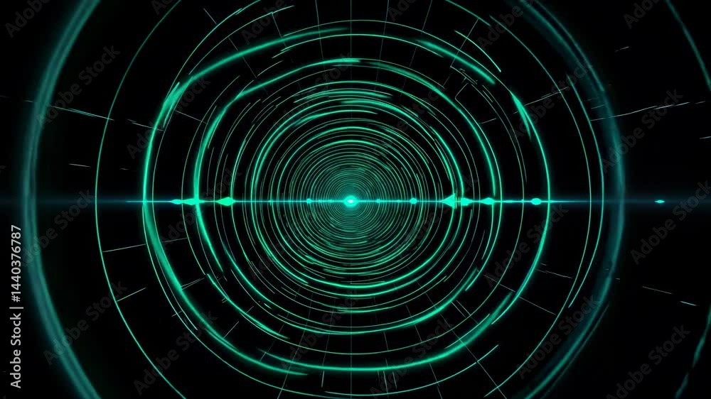 Poster glowing neon green circular tunnel transforming into big data stream with light effect and particles