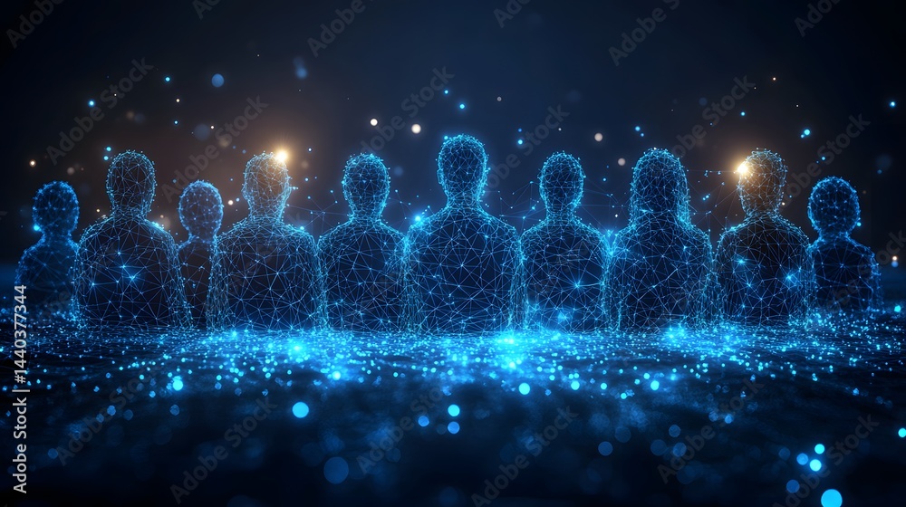 Leinwandbilder Futuristic figures, rendered in glowing blue lines, create a digital network. They stand united in a tech landscape with bokeh lights. Abstract wireframe in dark blue.