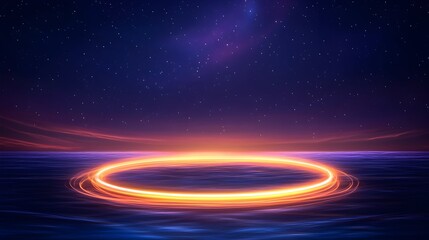 Fototapeta premium Glowing circular light floats on calm water, under a starry night sky with a vibrant sunset