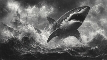 Fototapeta premium Massive shark in turbulent seas