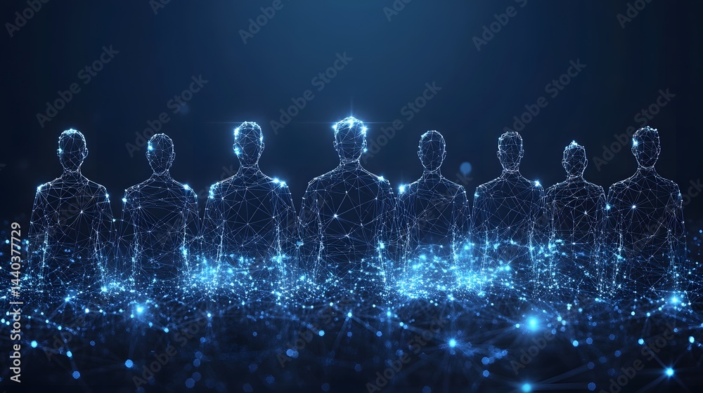 Aufkleber a glowing network of interconnected wireframe human figures merges into a vibrant digital sea. evoke