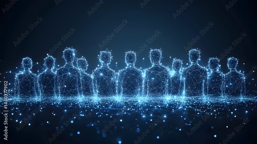 Aufkleber Futuristic figures stand united, silhouetted against a deep blue network of interconnected lines and glowing dots. A technological tableau conveying unity and progress. Abstract wireframe in dark blue
