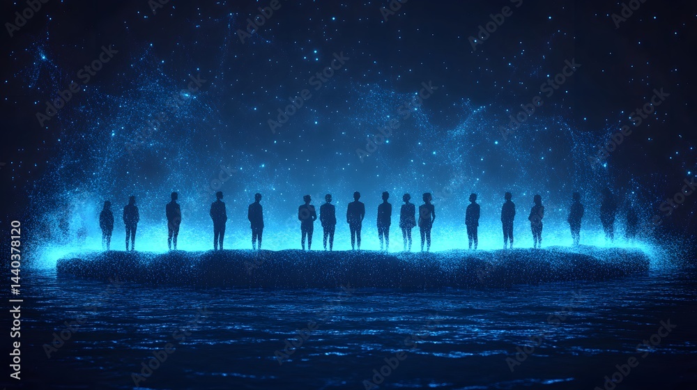 Poster ethereal figures silhouetted on a luminous blue particle landmass, surrounded by rippling water and 