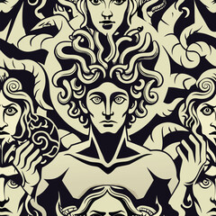 Intricate black and white illustration showcasing mythological figures with flowing hair and expressive faces in a detailed design Generative AI