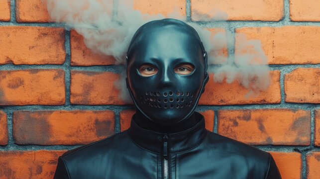 Smoked Vigilante Mysterious Figure in Mask and Leather Jacket against Brick Wall, Anonymity, Costume - Powered by Adobe