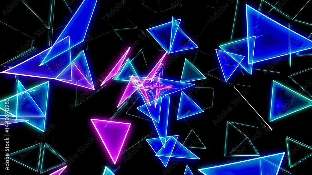 Wall mural bright neon triangles are rotating and creating a colorful dynamic background, perfect for music vid