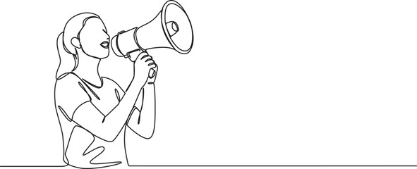continuous single line drawing of woman using megaphone, line art vector illustration