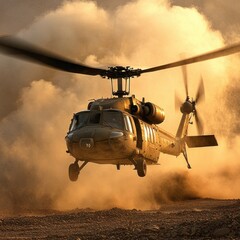 Military helicopter in flight, dust clouds
