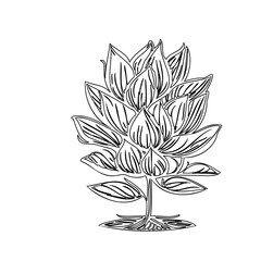 Monochrome vector illustration displaying a stylized, stacked floral arrangement