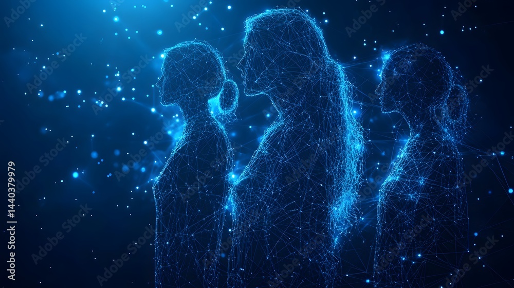 Aufkleber Futuristic figures stand united in digital space. Glowing particles enhance the technological atmosphere. Abstract wireframe in dark blue symbolizes unity and progress.