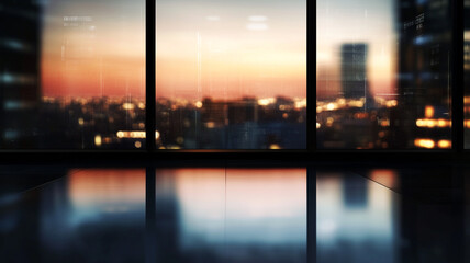 Blurred background of a modern office interior with panoramic windows and a city view