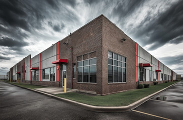 Industrial Building with red accents Parking Lot Under Blue Sky