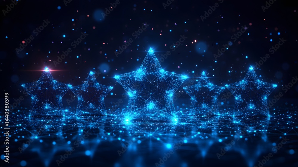 Aufkleber five interconnected blue stars stand on a web of dots and lines, with a bokeh background of red, pur