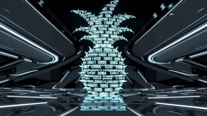 Glowing pineapple formed from binary code, floating in a neon-lit futuristic environment, creates a striking contrast between natural and digital elements - Powered by Adobe