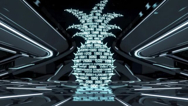 Glowing pineapple formed from binary code, floating in a neon-lit futuristic environment, creates a striking contrast between natural and digital elements