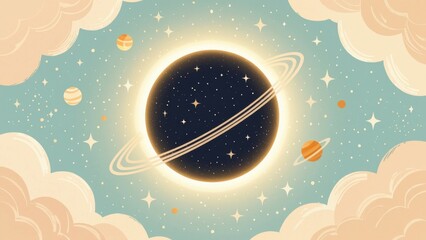 Naklejka premium A glowing planet with rings surrounded by stars, planets, and pastel clouds in a whimsical, cosmic illustration.