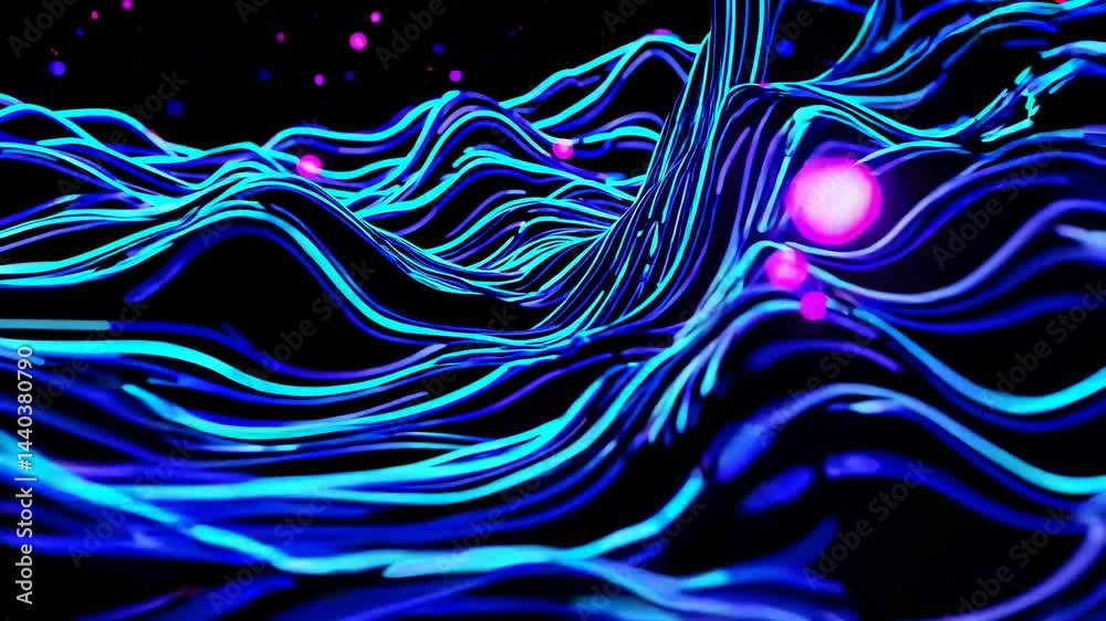 Wall mural glowing neon lines flowing and creating an abstract landscape on a black background, perfect for any