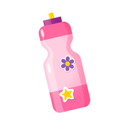Water bottle for girls in light pink color with cute colorful stickers isolated on white background.