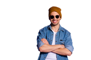 Photo of cheerful attractive toothy freelancer standing confidenty with arms folded wearing spectacles isolated over purple vivid color background