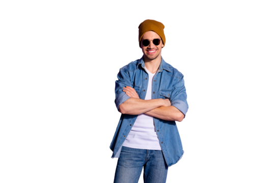 Photo of toothy smiling cheerful cool guy with hands folded showing his beaming teeth isolated over purple vivid color background