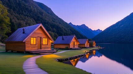Fototapeta premium Serene mountain lake cabins at twilight, reflecting in calm water, path leading to cozy wooden structures