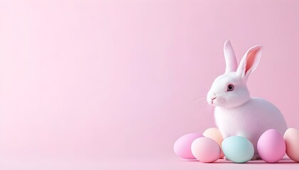 Fototapeta premium A fluffy white rabbit sits beside pastel Easter eggs against a pink background