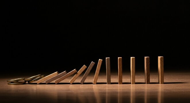 Domino effect visualized with coins and wooden blocks, symbolizing potential consequences and financial impact