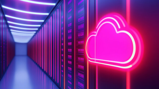 Ultramodern server room with neon cloud icon, glowing lights, futuristic technology, and digital data storage infrastructure