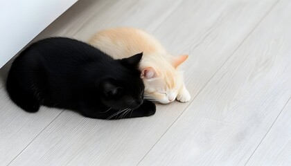 Two cats, one black and one cream-colored, cuddle and sleep peacefully on a light wood floor