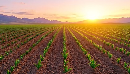 Serene sunset over a vast, meticulously planted field, rows of young crops stretching towards the vibrant horizon