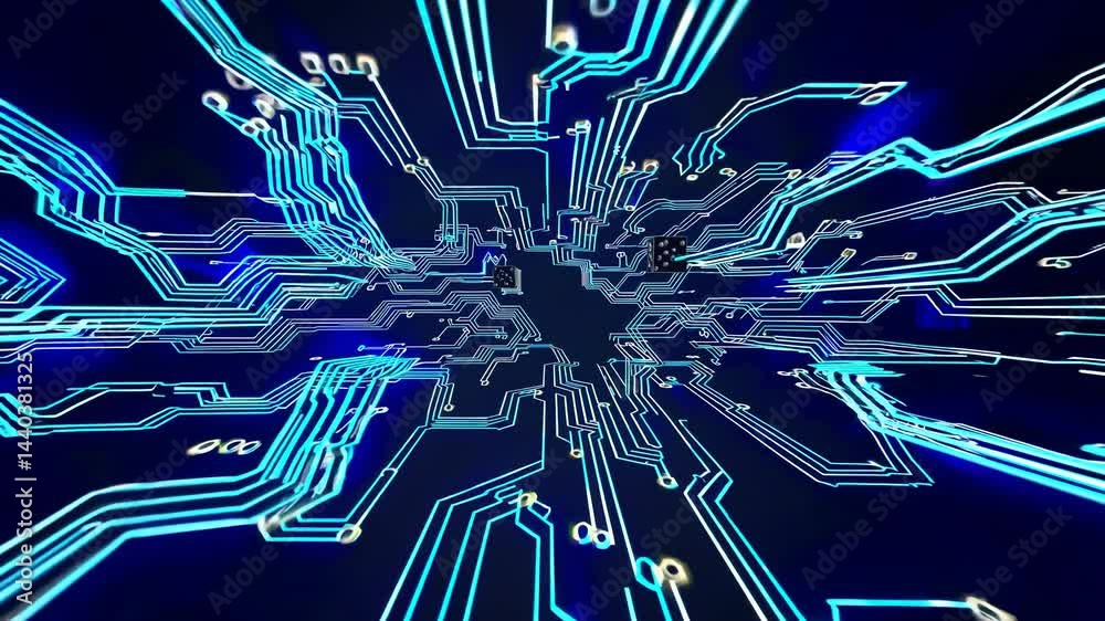 Poster data blocks are traveling through a futuristic circuit board network, creating a powerful visualizat