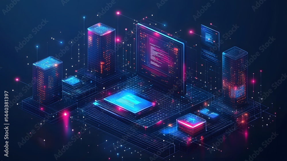 Aufkleber Futuristic digital network with glowing cubes, screens displaying code, and interconnected lines representing data pathways. A central processing unit glows brightly. Abstract wireframe in dark blue.