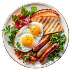 Top view of traditional American-style breakfast: fried eggs with bacon, sausage, and toasts garnished with fresh greens