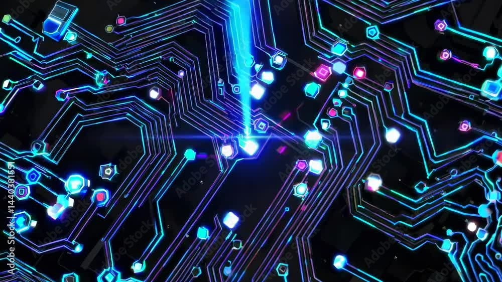 Poster complex network of circuits and nodes transmitting data, creating a vibrant technological landscape 