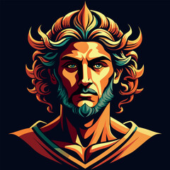 Mythical god figure with flowing hair and intense expression depicted in vibrant colors and dynamic design style Generative AI