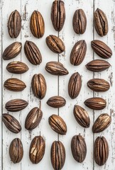 Obraz premium Assorted Pecan Nuts on Weathered White Wooden Background, Natural Organic Nuts Perfect for Culinary Use, Healthy Snack, or Baking Ingredient
