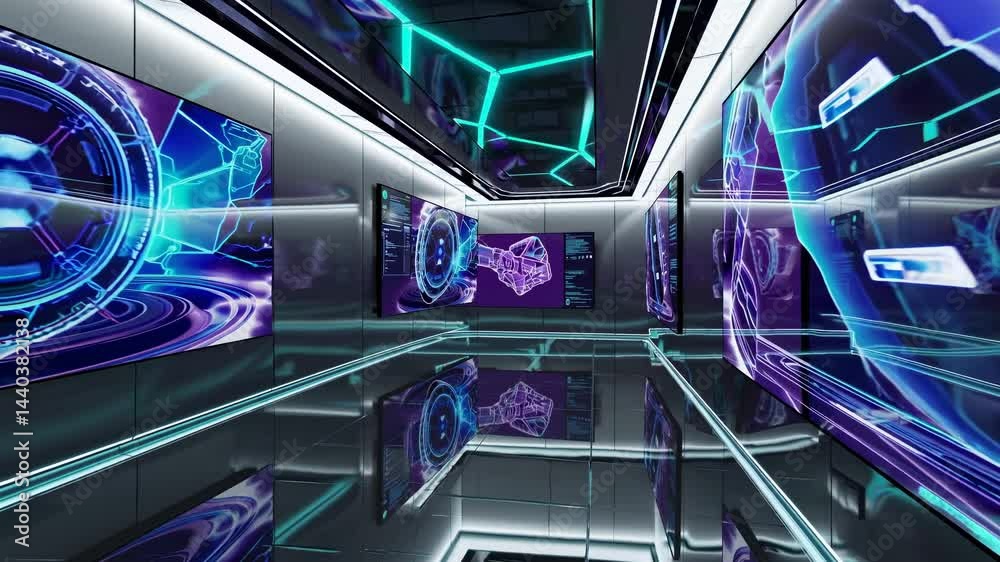 Poster futuristic metallic corridor with holographic screens displaying technical information and schematic