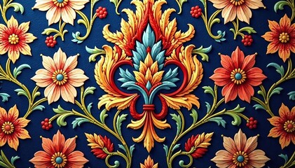 Intricate floral damask pattern, woven textile texture, traditional, retro