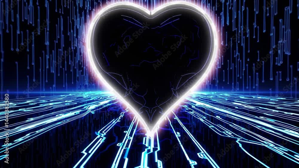Poster glowing heart shape with cracks and a bright outline hovering over a circuit board, flowing energy a