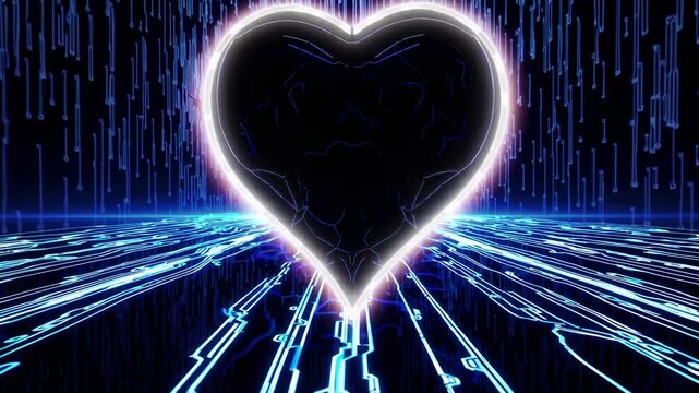 Glowing heart shape with cracks and a bright outline hovering over a circuit board, flowing energy and binary code rain creating a connection between love and technology