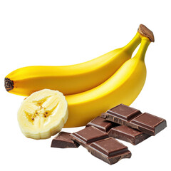 Bananas and chocolate pieces still life on transparent background