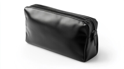 a black leather cosmetic bag mockup isolated on white background.