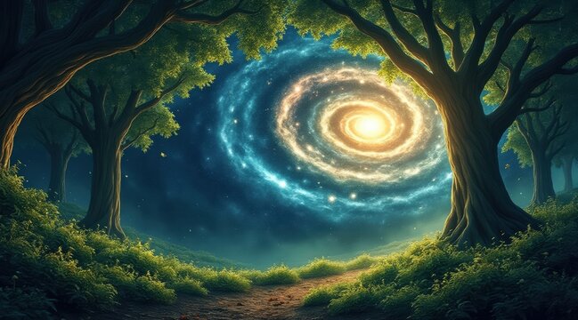 A glowing spiral galaxy appears in the night sky above a lush, magical forest path, blending elements of nature and the cosmos in a surreal scene.