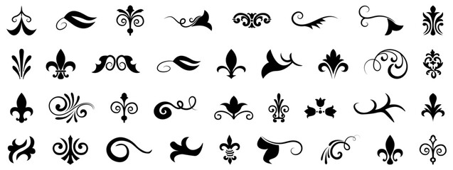 Black lace ornament decoration collection. Set of black decorative lance elements