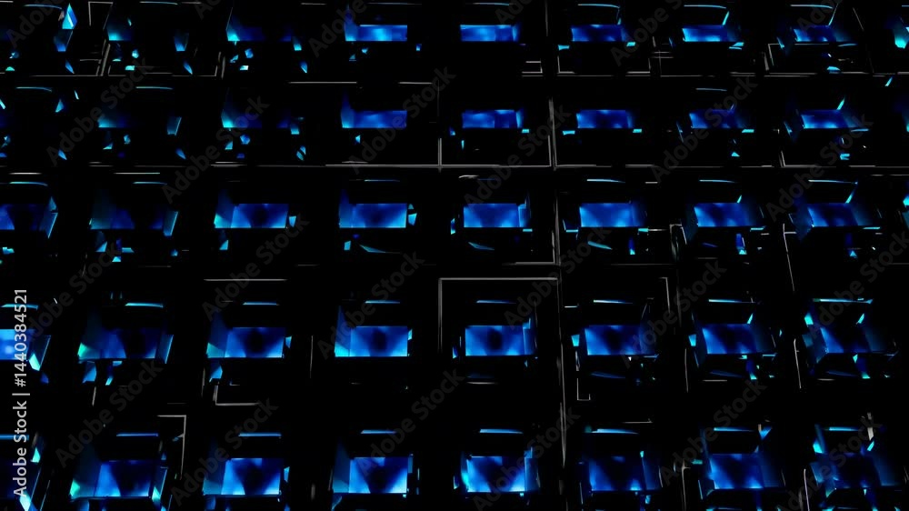 Poster rows of glowing blue cubes create a mesmerizing futuristic background, forming a captivating visual 