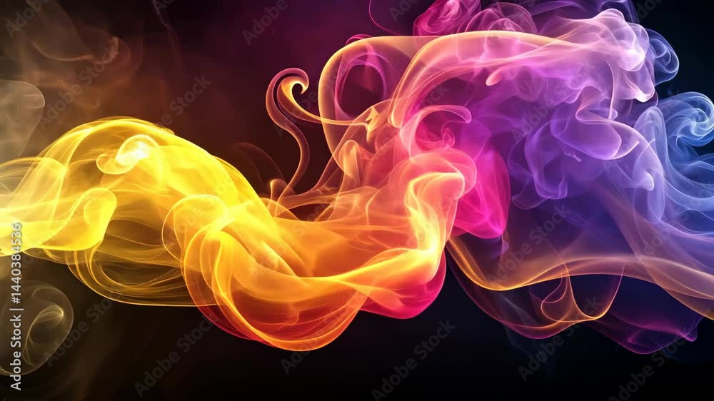 Poster colorful smoke plumes dance and swirl in mesmerizing patterns on a dark background.