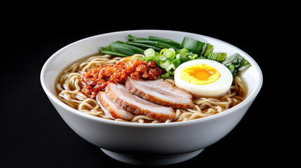 Steaming bowl of ramen with sliced pork, boiled egg, green onion, and spicy sauce served in white bowl on black background