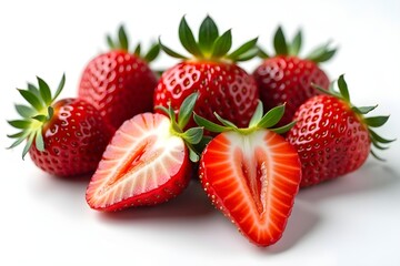 Fresh Strawberries Arranged on White Background with Two Halved