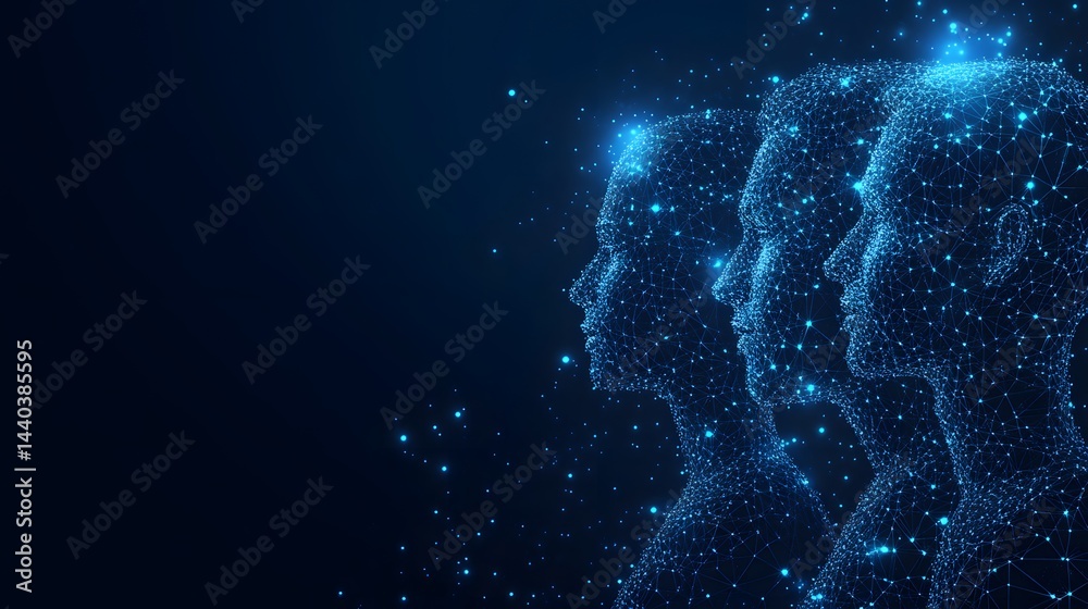 Poster Three interconnected human profiles glow against a dark blue gradient. Digital wireframes form ethereal heads, surrounded by luminous dots. Abstract wireframe in dark blue.